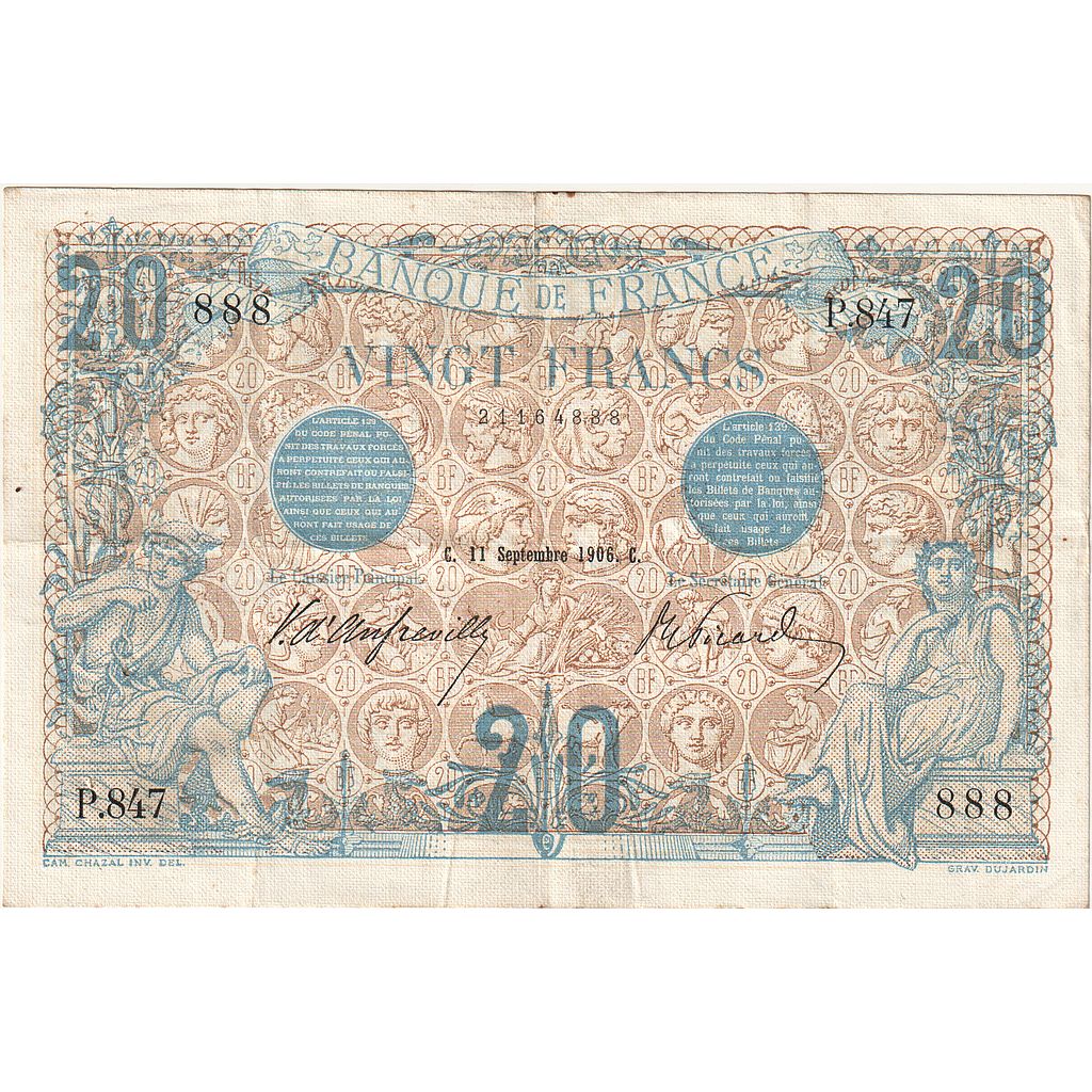 France, 20 Francs, Bleu, 1906, P.845, TTB, Fayette:10.1, KM:68a
