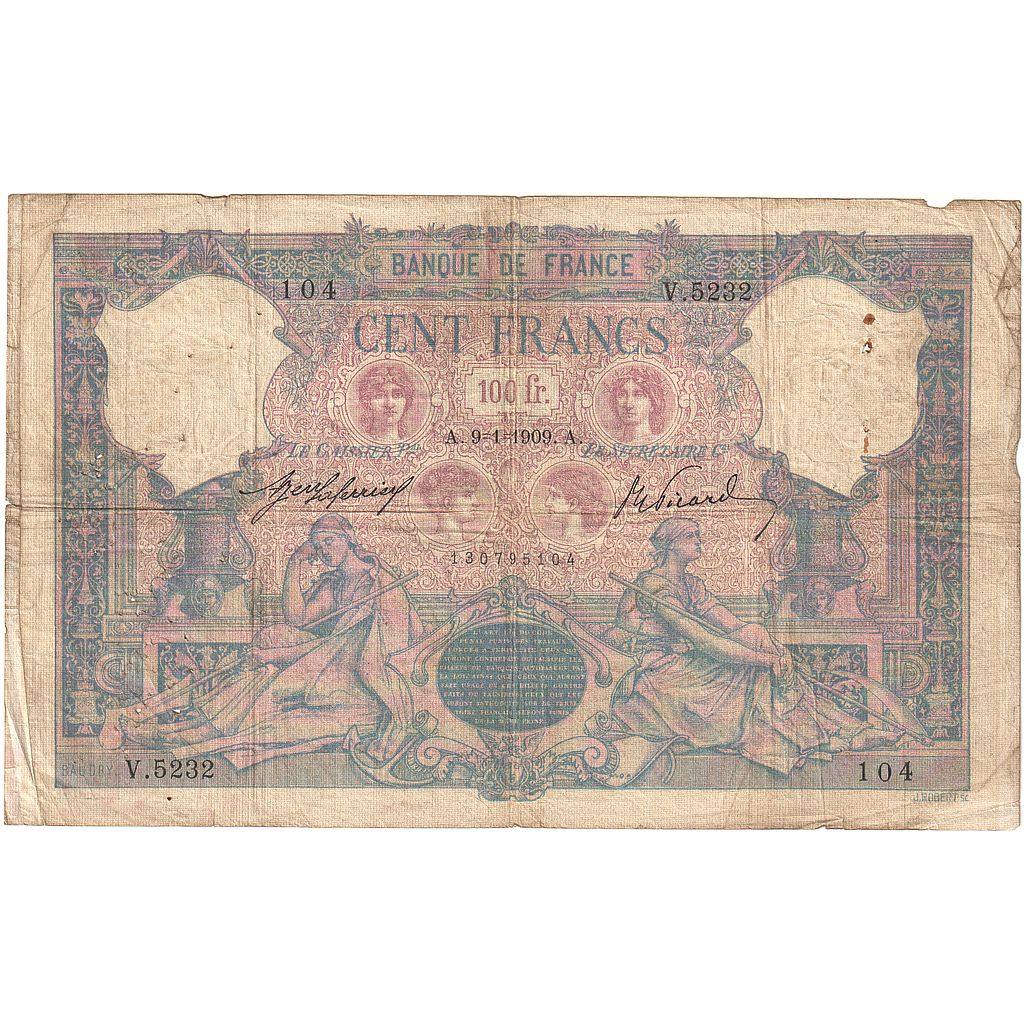 Frankrijk, 100 Francs, Bleu et Rose, 1909, V.5232, TB, Fayette:21.24, KM:65e