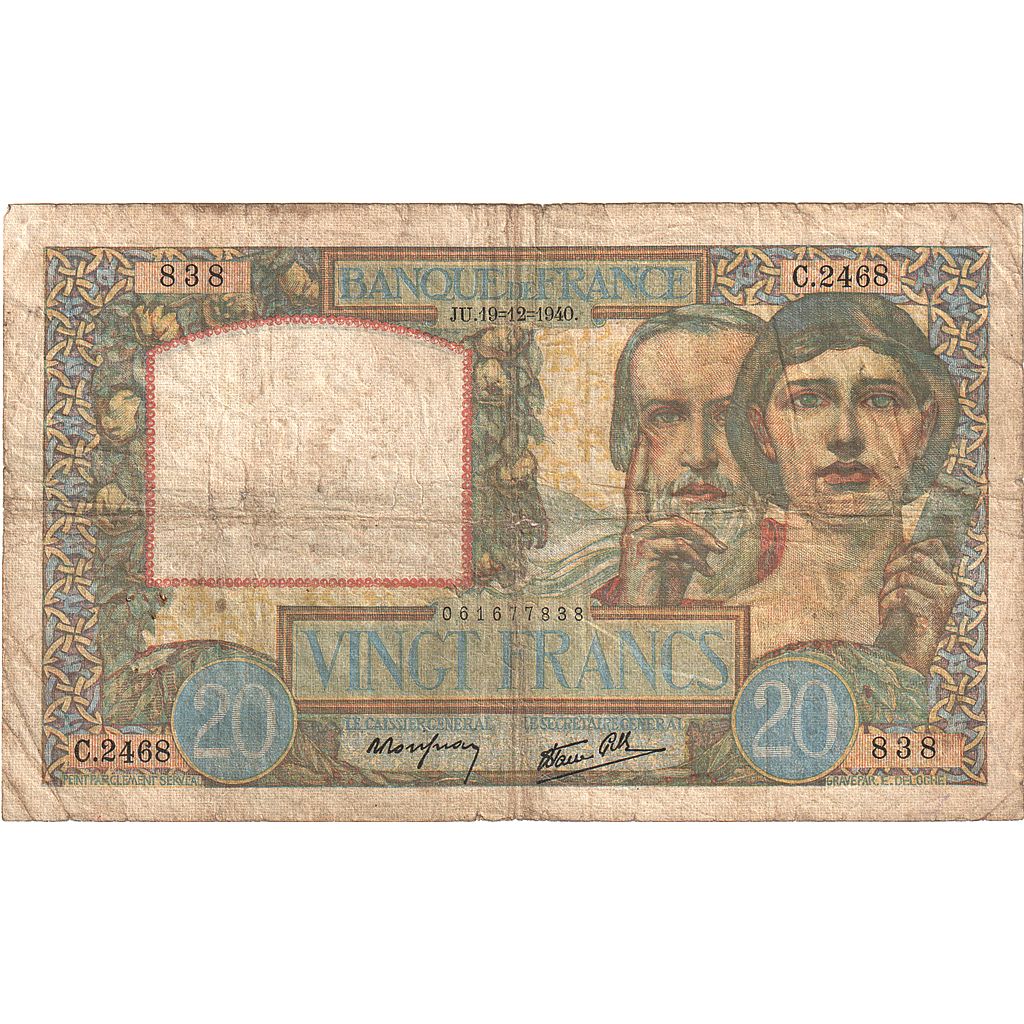 Francia, 20 Francs, Science et Travail, 1940, C.2468, MB, Fayette:12.11, KM:92b