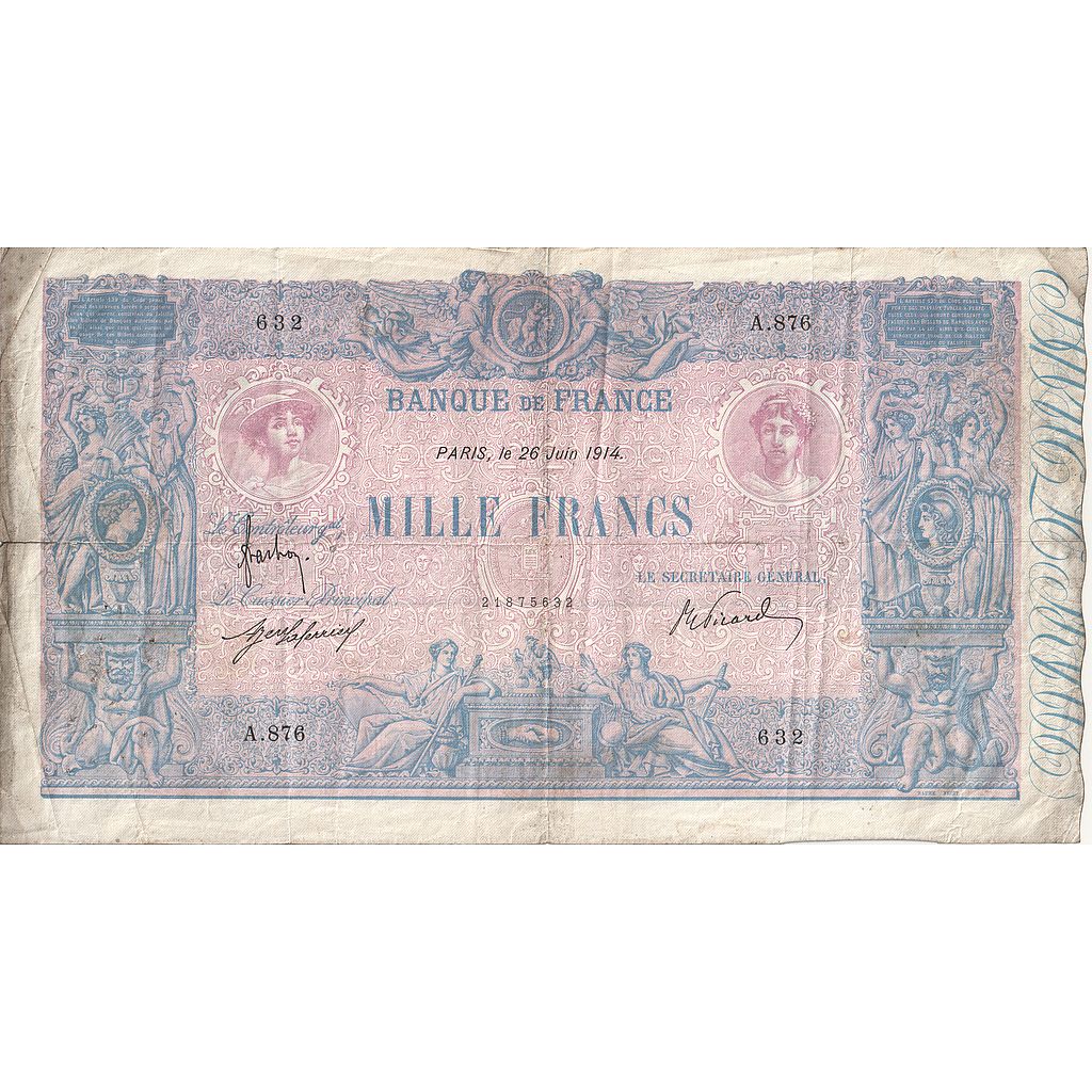Francia, 1000 Francs, Bleu et Rose, 1914, A.876, MB, Fayette:36.28, KM:67g