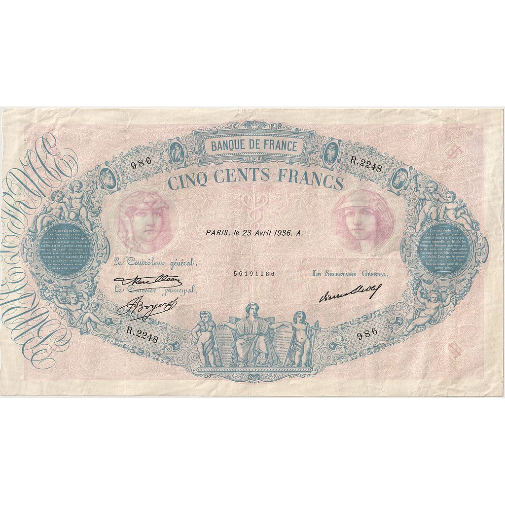 Francia, 500 Francs, Bleu et Rose, 1936, R.2248, MBC+, Fayette:30.37, KM:66m