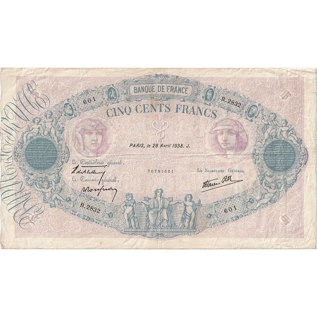 Francia, 500 Francs, Bleu et Rose, 1938, R.2832, MBC, Fayette:31.09, KM:88c