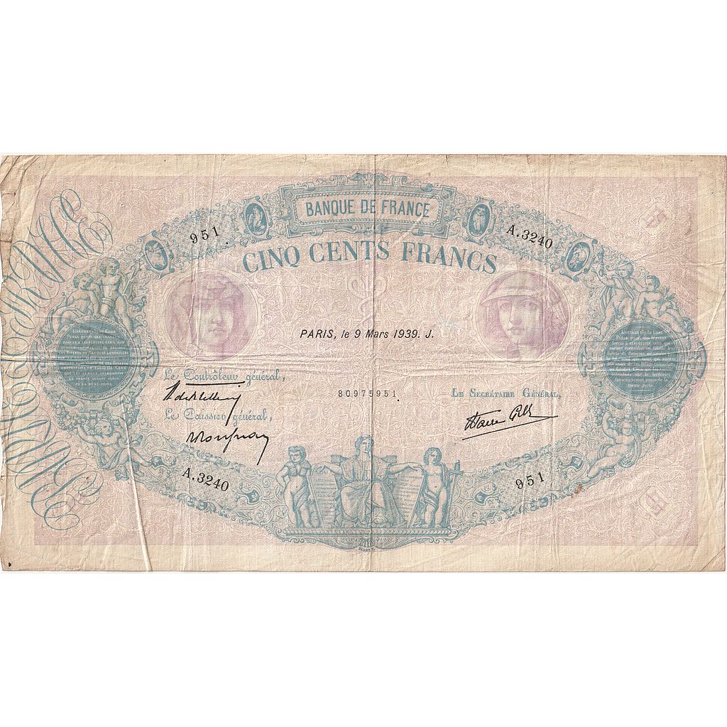 Frankreich, 500 Francs, Bleu et Rose, 1939, A.3240, S, Fayette:31.26, KM:88c