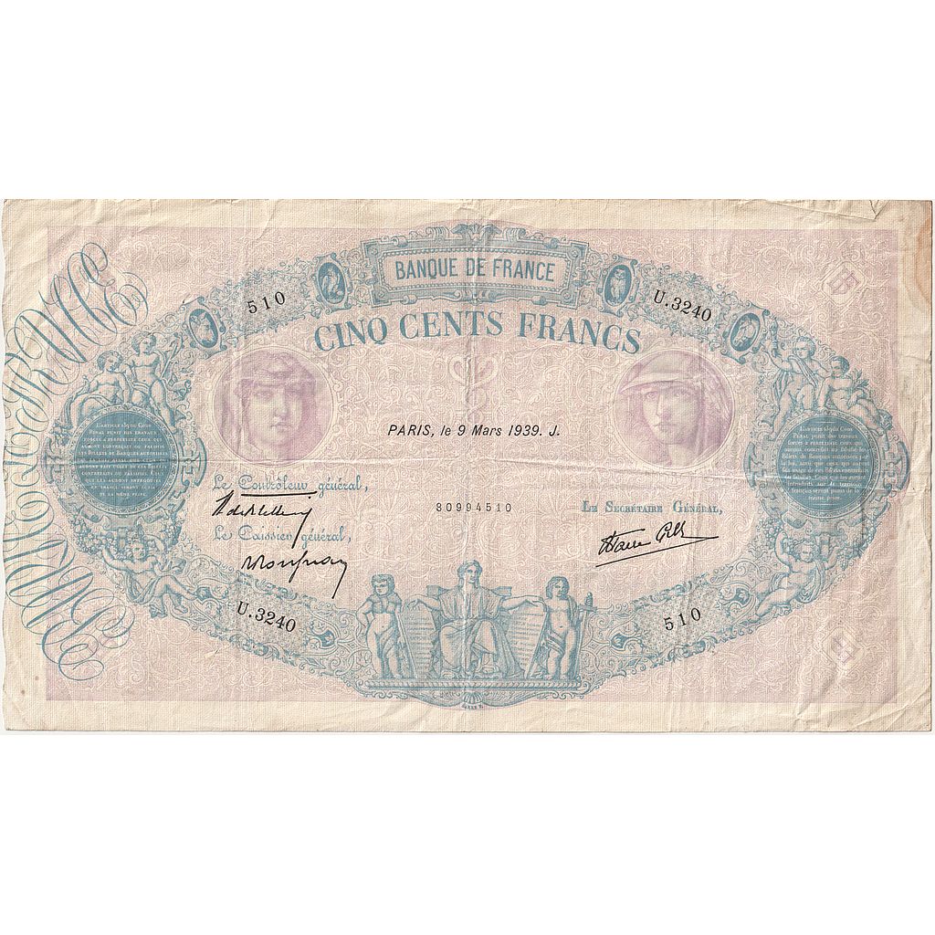 França, 500 Francs, Bleu et Rose, 1939, U.3240, EF(40-45), Fayette:31.26
