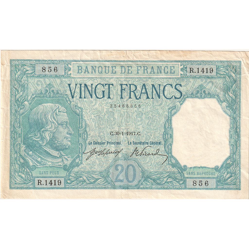 France, 20 Francs, Bayard, 1917, R.1419, AU(55-58), Fayette:11.02, KM:74