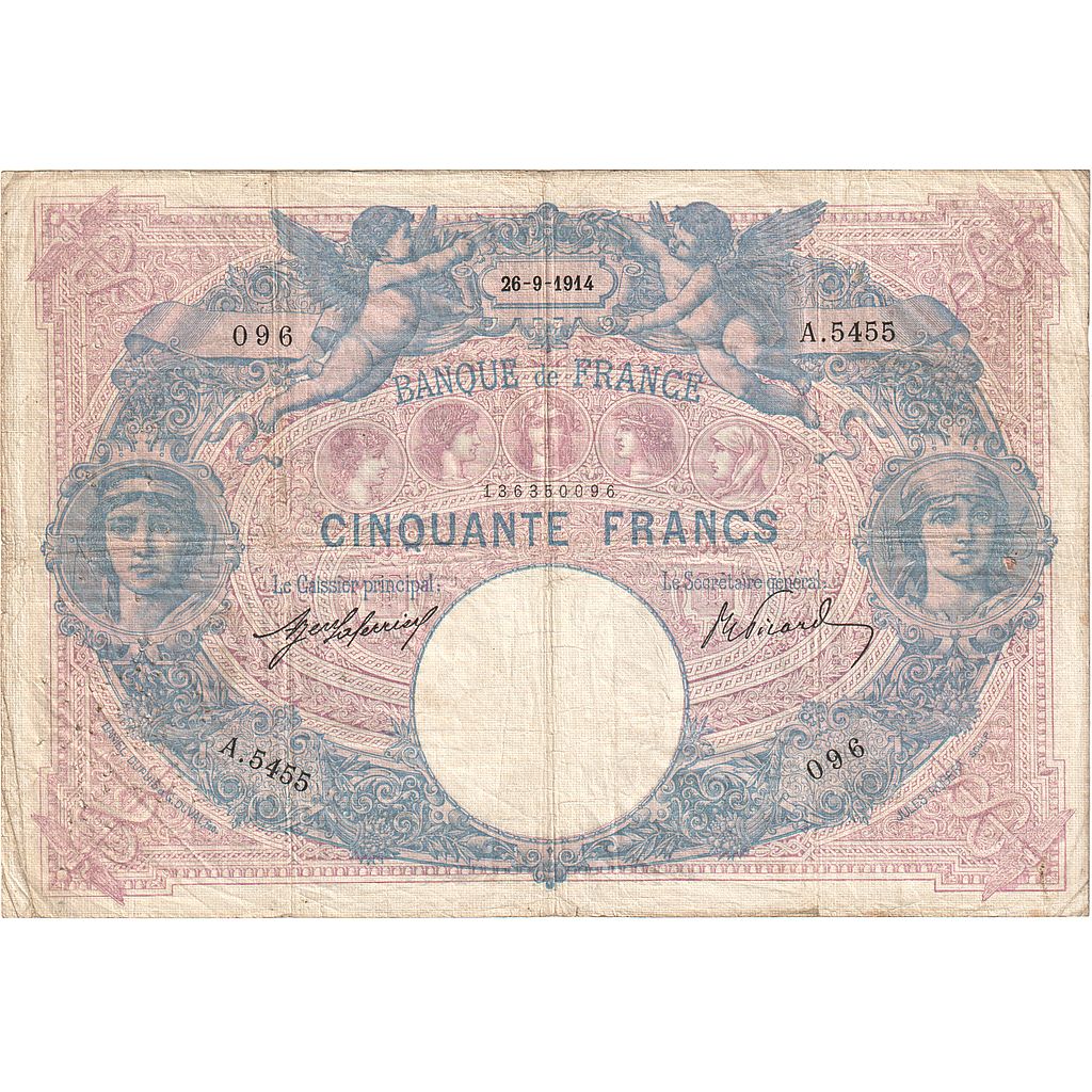 France, 50 Francs, Bleu et Rose, 1914, A.5455, EF(40-45), Fayette:14.27, KM:64e