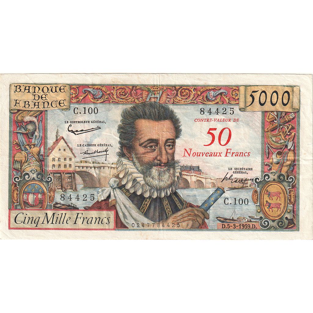 France, 50 Nouveaux Francs on 5000 Francs, Henri IV, 1959, C.100, TTB