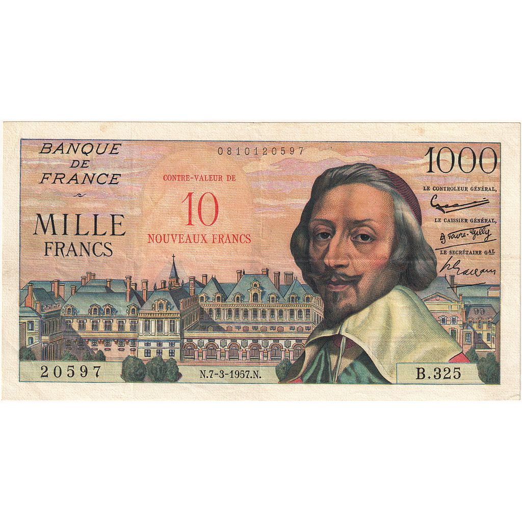 France, 10 Nouveaux Francs on 1000 Francs, 1955-1959 Overprinted with ''Nouveaux