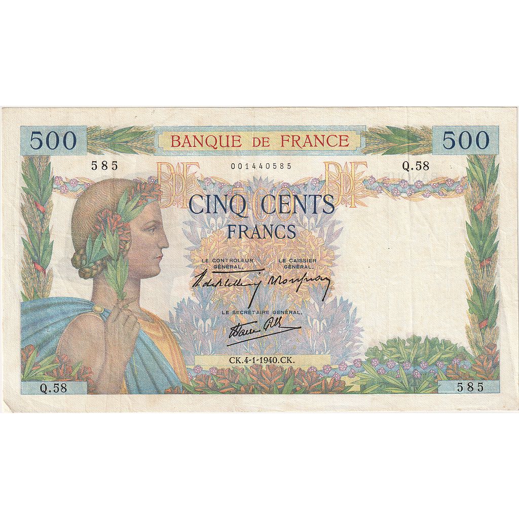 França, 500 Francs, La Paix, 1940, Q.58, AU(55-58), Fayette:32.1, KM:95a