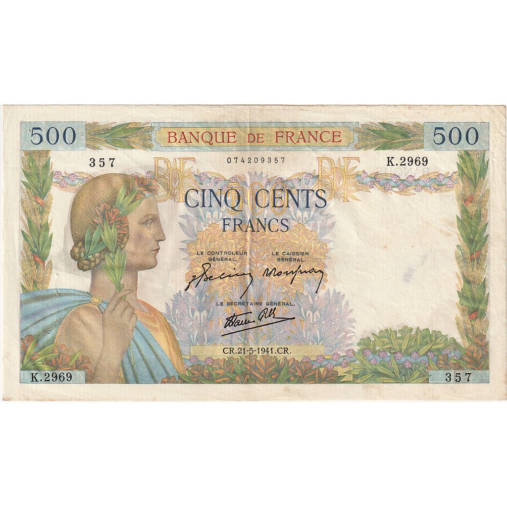 Francia, 500 Francs, La Paix, 1941, K.2969, BB, Fayette:32.17, KM:95b