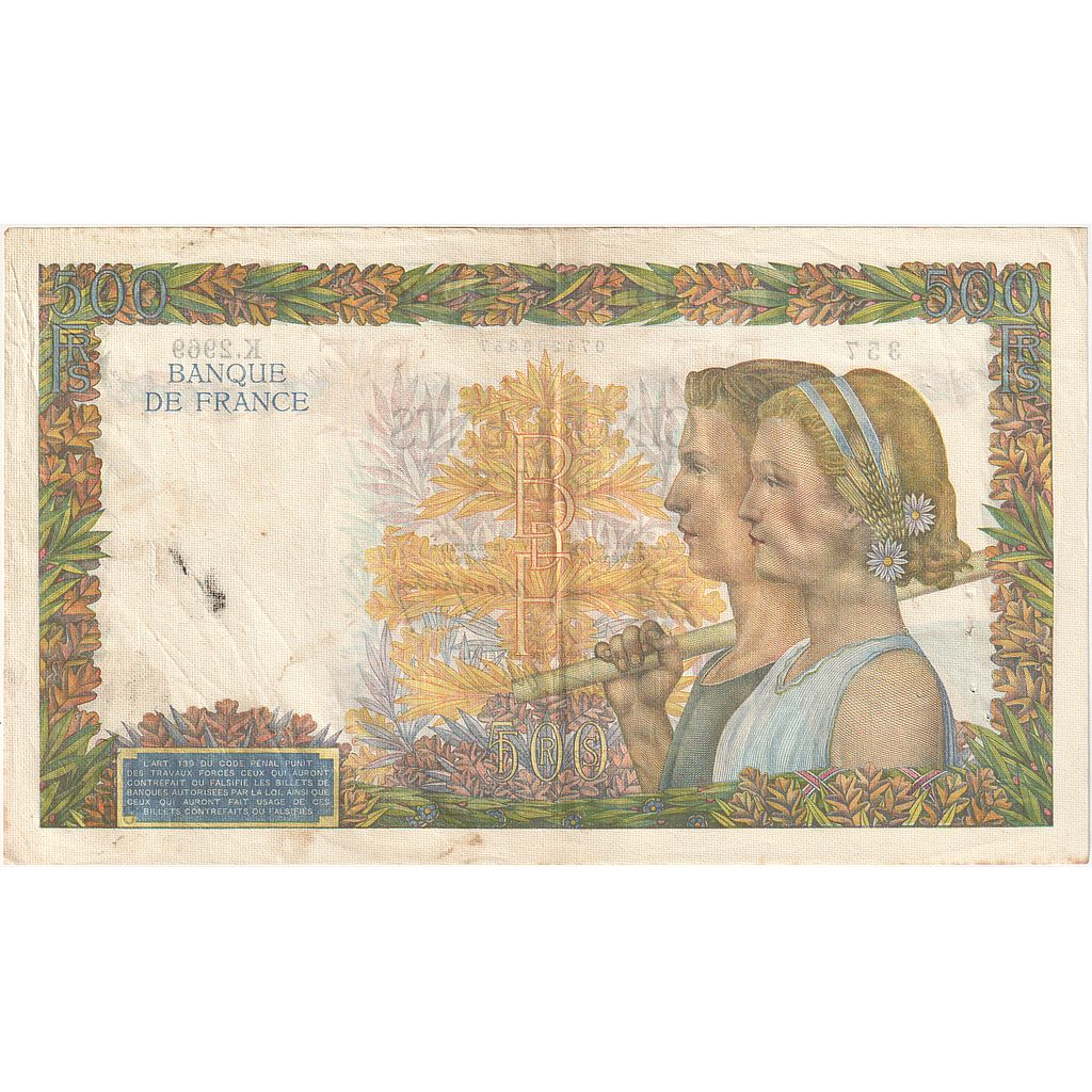 Francia, 500 Francs, La Paix, 1941, K.2969, BB, Fayette:32.17, KM:95b