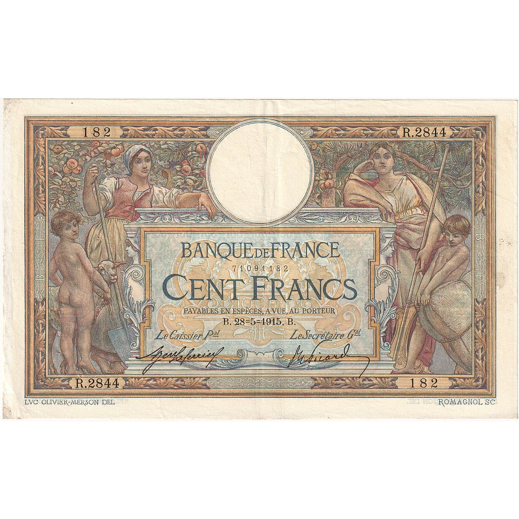 France, 100 Francs, Luc Olivier Merson, 1915, R.2844, TTB+, Fayette:23.07