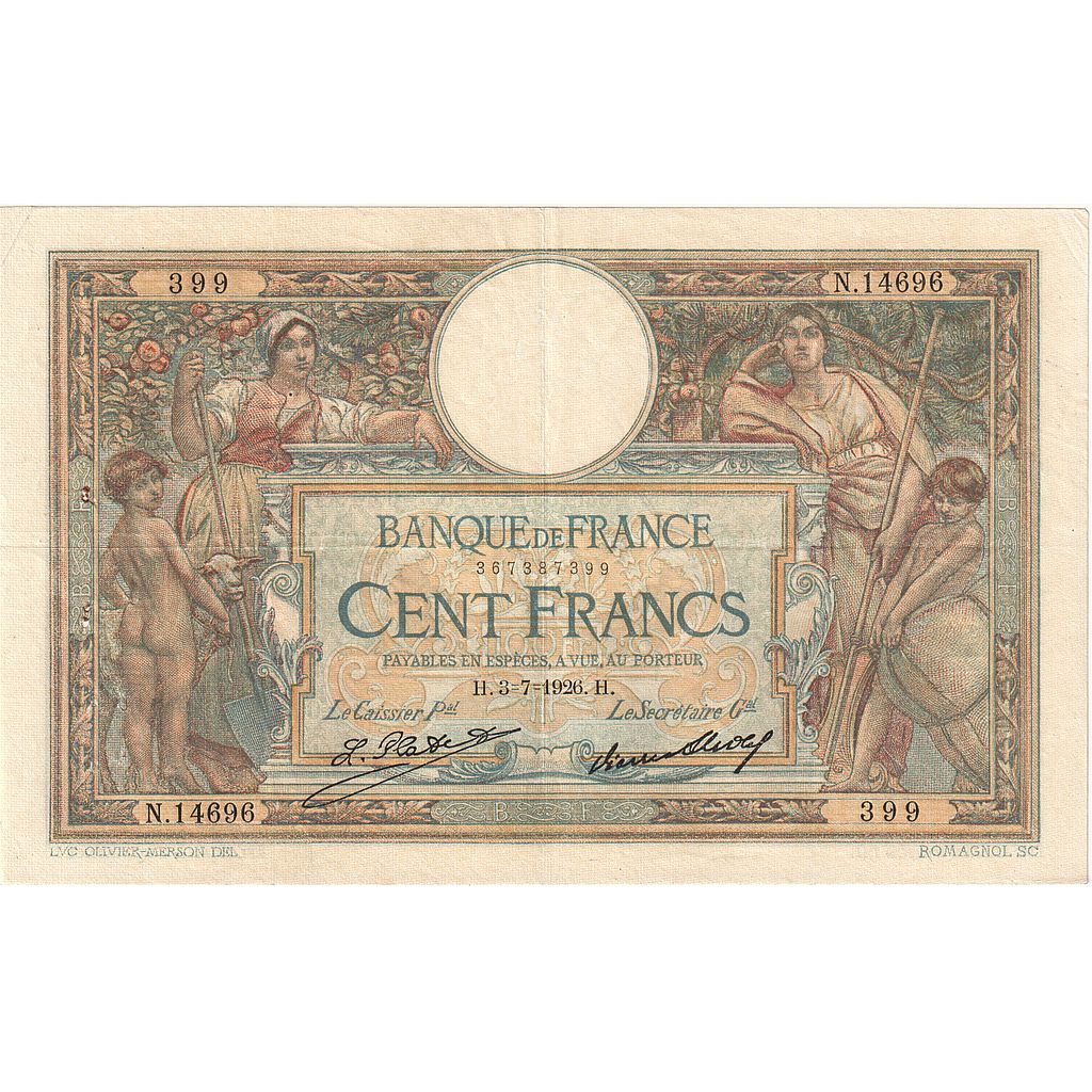 France, 100 Francs, Luc Olivier Merson, 1926, N.14696, EF(40-45), Fayette:24.5