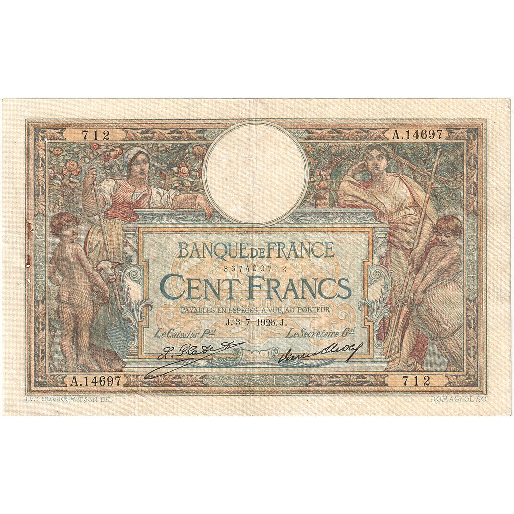 Frankreich, 100 Francs, Luc Olivier Merson, 1926, A.14697, SS, Fayette:24.5