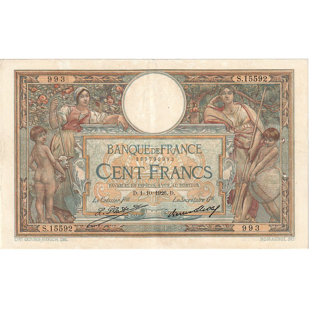 France, 100 Francs, Luc Olivier Merson, 1926, S.15592, TTB+, Fayette:24.5