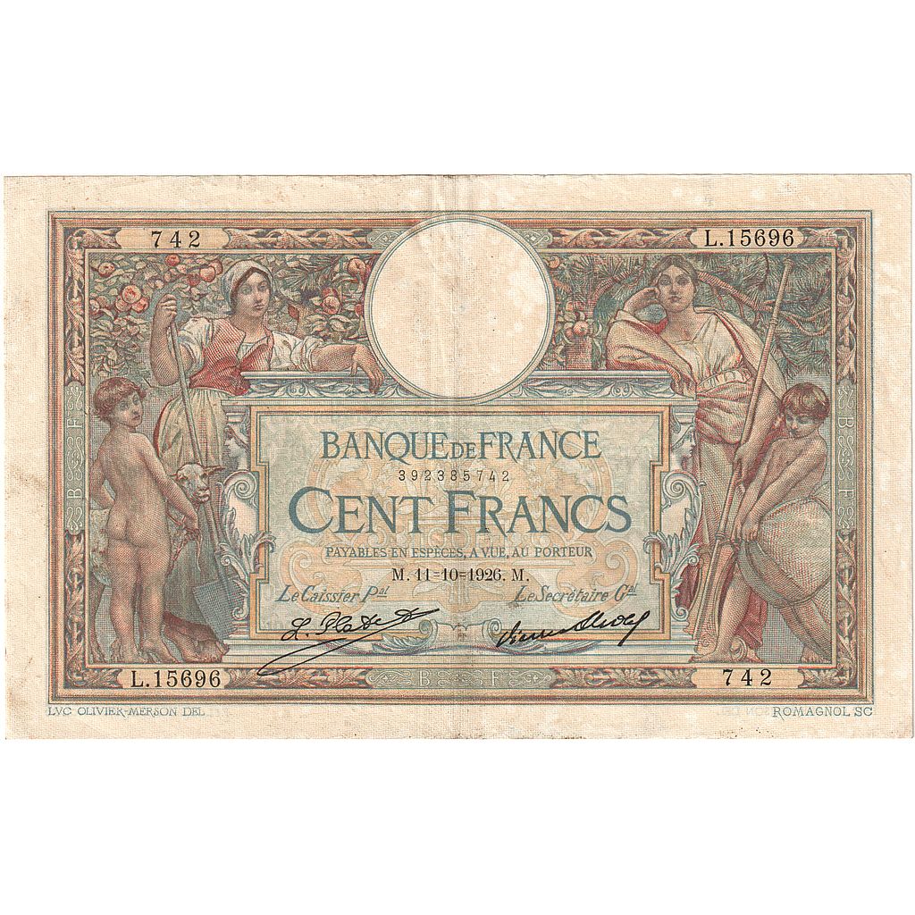 France, 100 Francs, Luc Olivier Merson, 1926, L.15696, EF(40-45), Fayette:24.5
