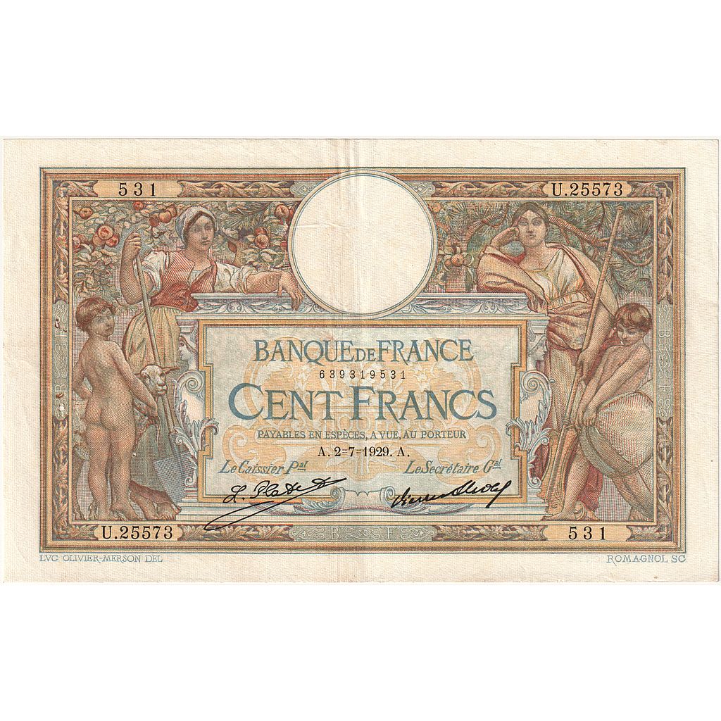Francia, 100 Francs, Luc Olivier Merson, 1929, U.25573, BB+, Fayette:24.08