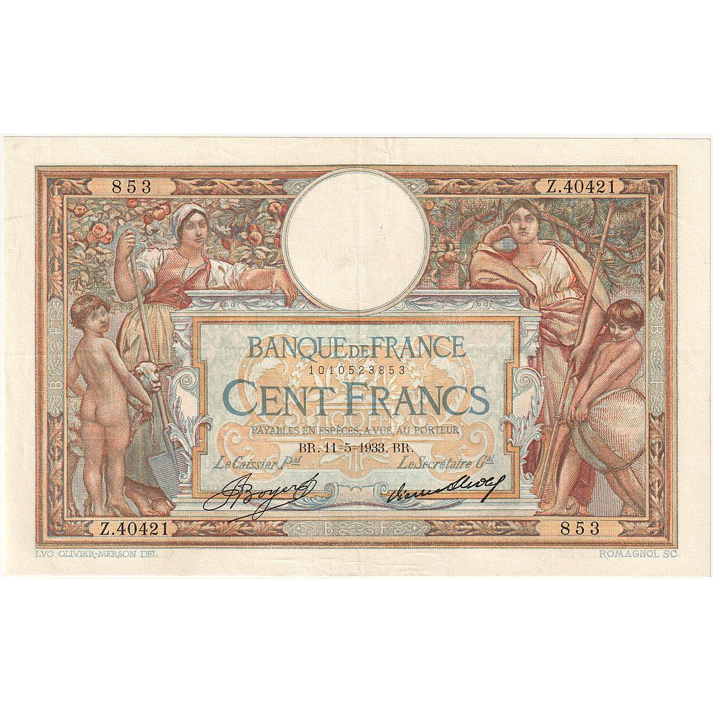France, 100 Francs, Luc Olivier Merson, 1933, Z.40421, SUP, Fayette:24.12