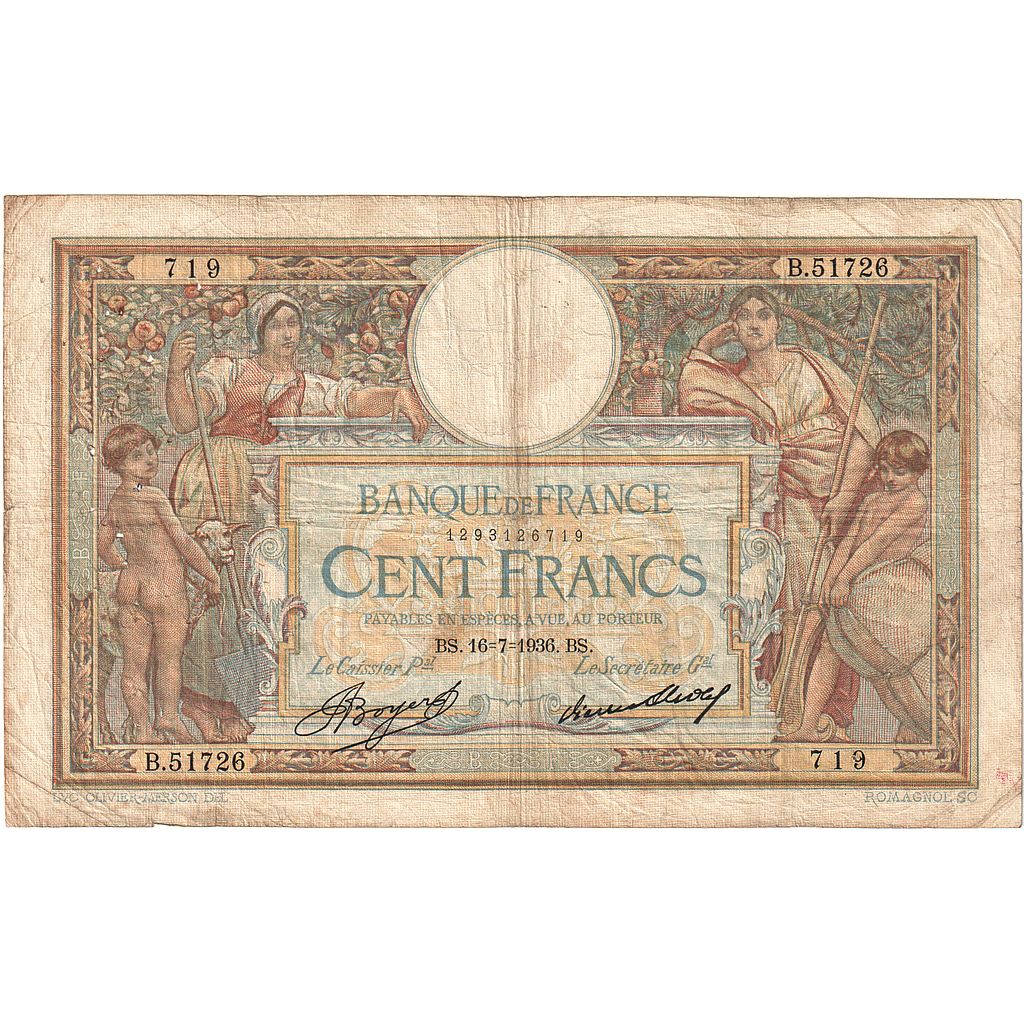 Frankreich, 100 Francs, Luc Olivier Merson, 1936, B.51726, SGE, Fayette:24.15
