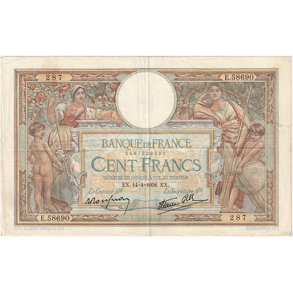 France, 100 Francs, Luc Olivier Merson, 1938, E.58690, EF(40-45), Fayette:25.15