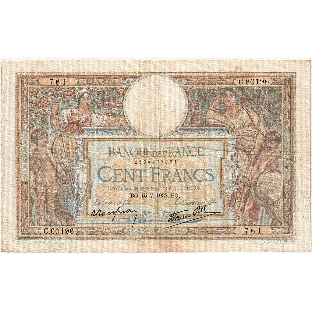 Frankreich, 100 Francs, Luc Olivier Merson, 1938, C.60196, S, Fayette:25.26