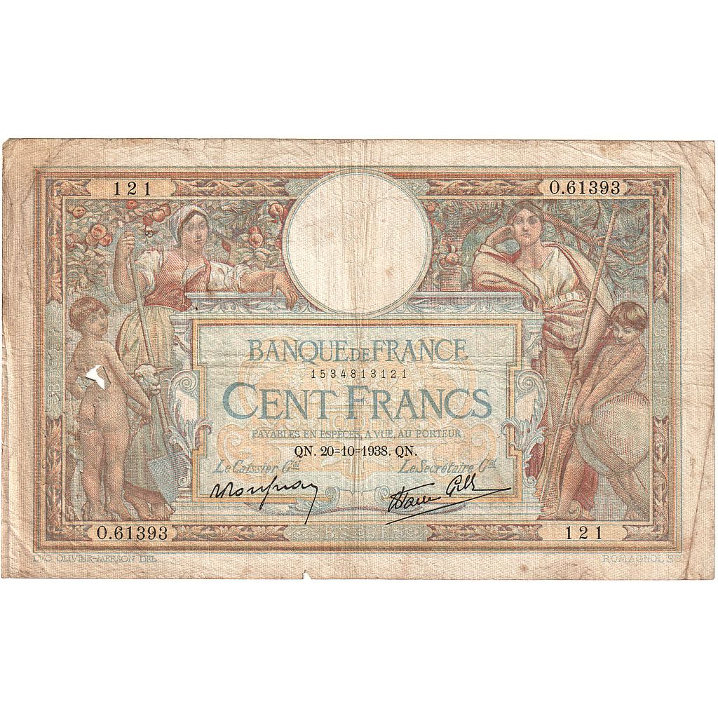 Francja, 100 Francs, Luc Olivier Merson, 1938, O.61393, VG(8-10), Fayette:25.32