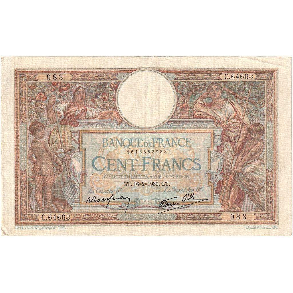 Frankreich, 100 Francs, Luc Olivier Merson, 1939, C.64663, SS+, Fayette:25.43