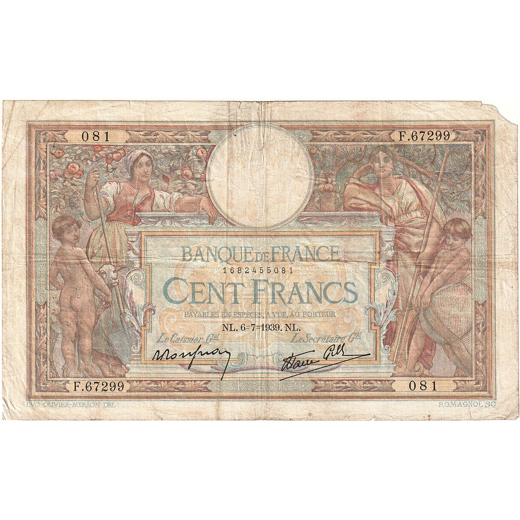 France, 100 Francs, Luc Olivier Merson, 1939, F.67299, B+, Fayette:25.48, KM:86b