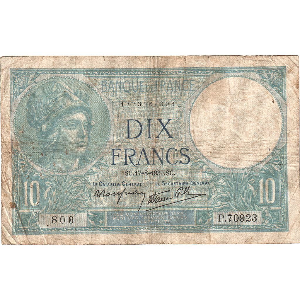 Francia, 10 Francs, Minerve, 1939, P.70923, MB, Fayette:07.05, KM:84