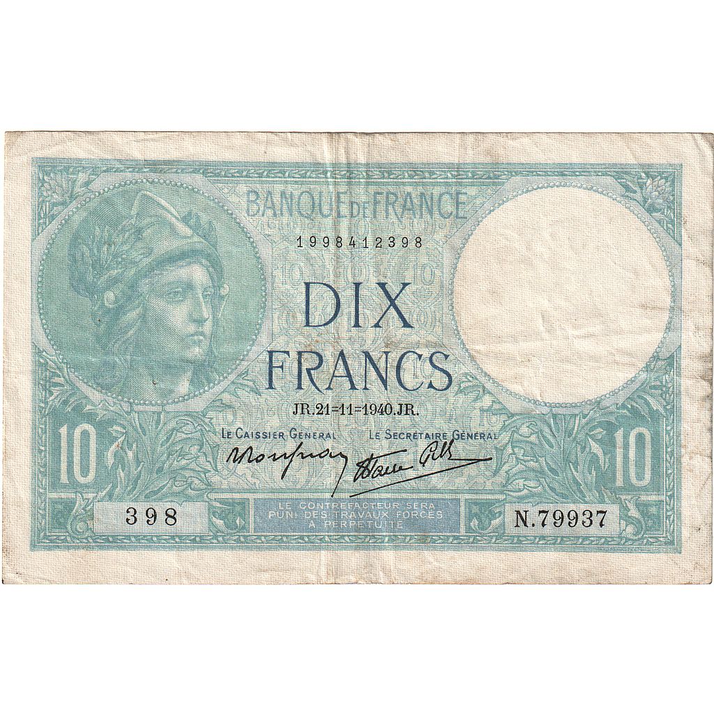 França, 10 Francs, Minerve, 1940, N.79937, VF(20-25), Fayette:07.21, KM:84
