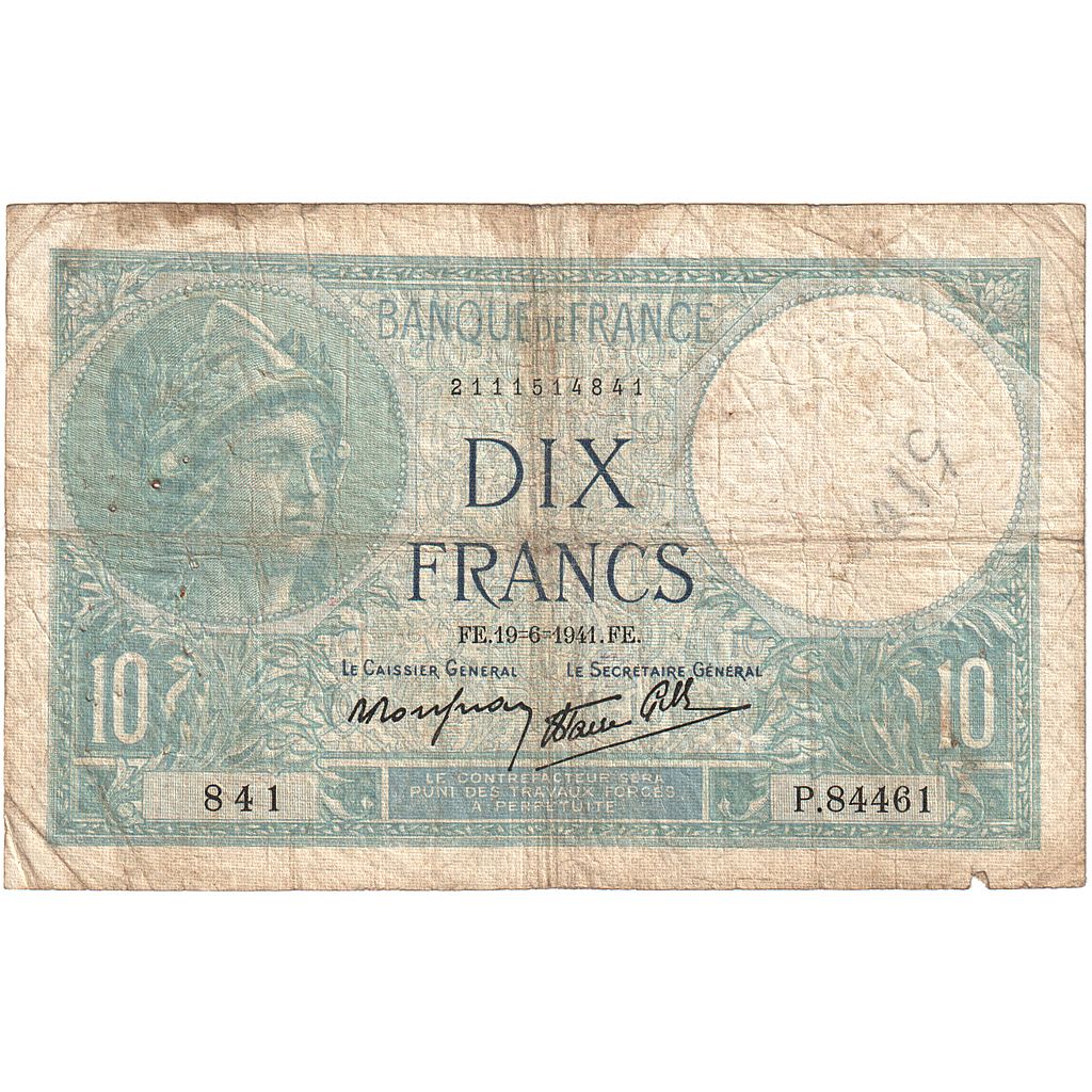 França, 10 Francs, Minerve, 1941, P.84461, VG(8-10), Fayette:07.29, KM:84