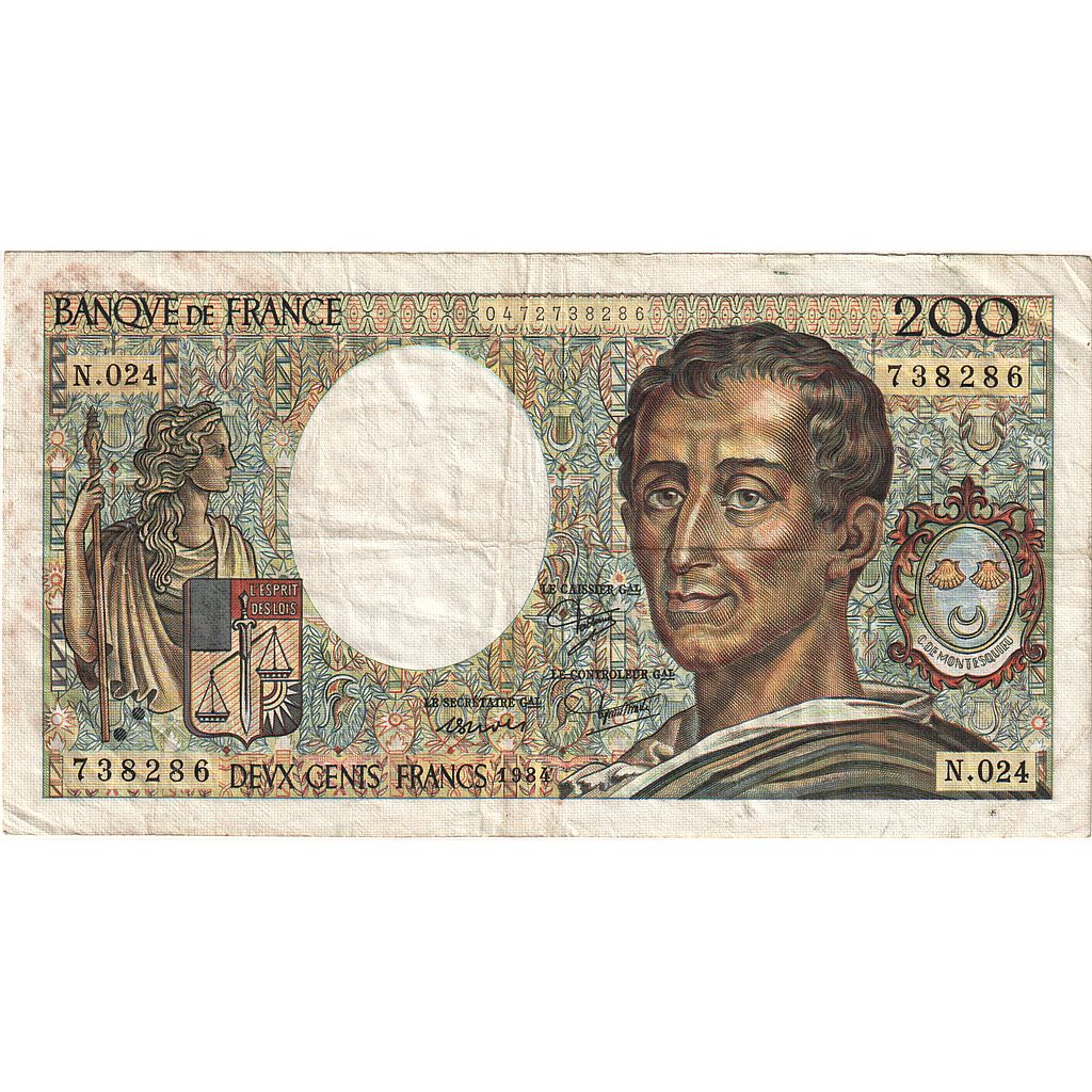 França, 200 Francs, Montesquieu, 1984, N.024, EF(40-45), Fayette:70.04, KM:155a