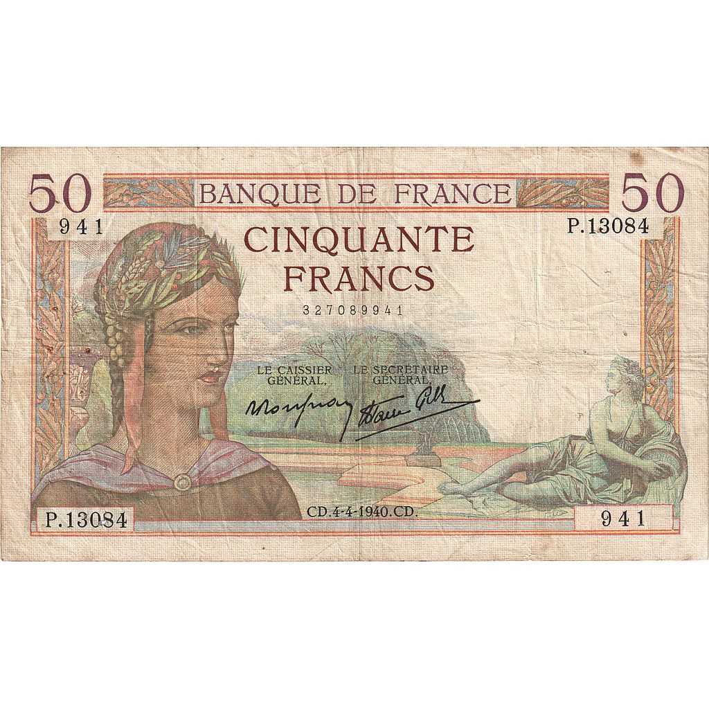 Francja, 50 Francs, Cérès, 1940, P.13084, VF(30-35), Fayette:18.42, KM:85b