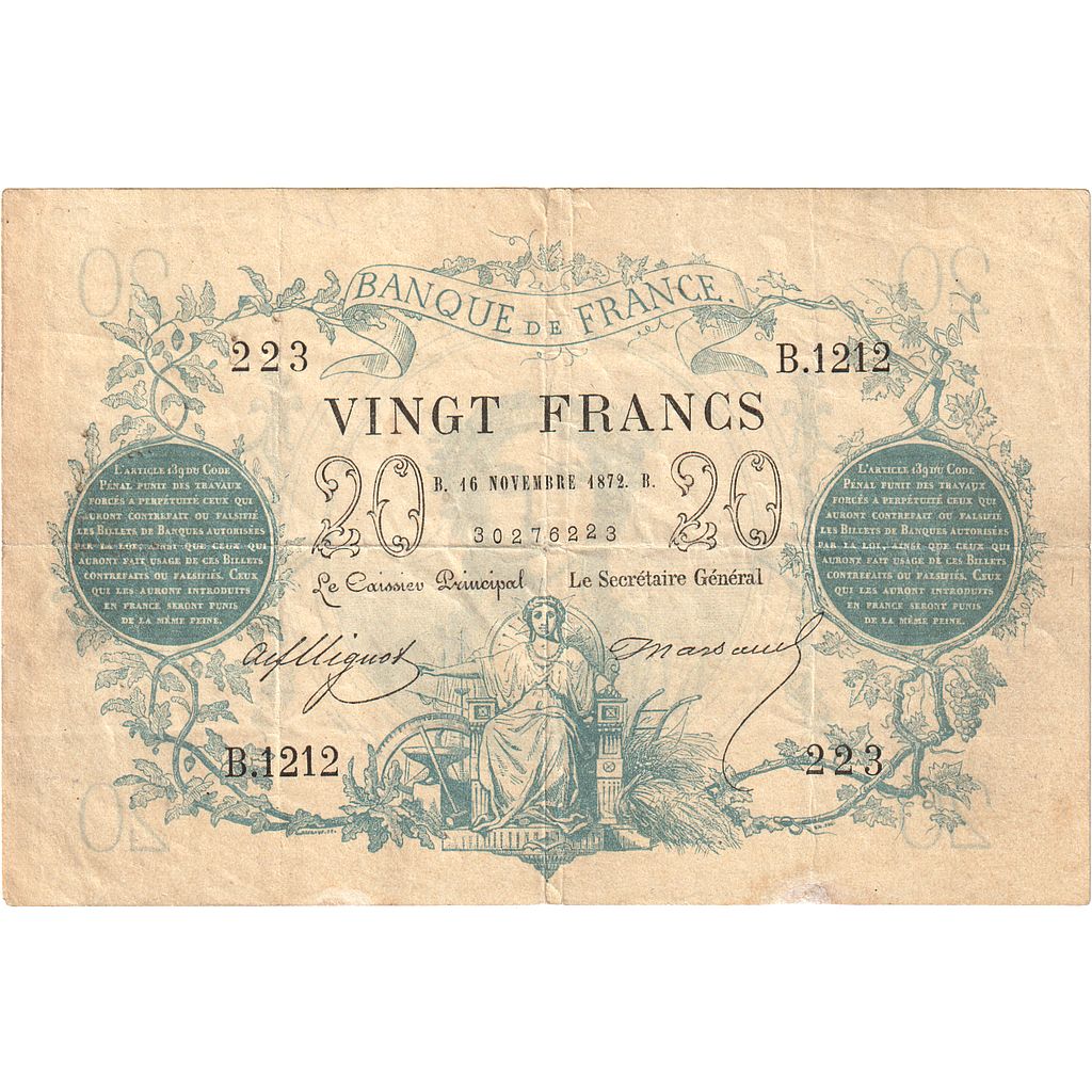 France, 20 Francs, ...-1889 Circulated during XIXth, 1872, B.1212, VF(30-35)