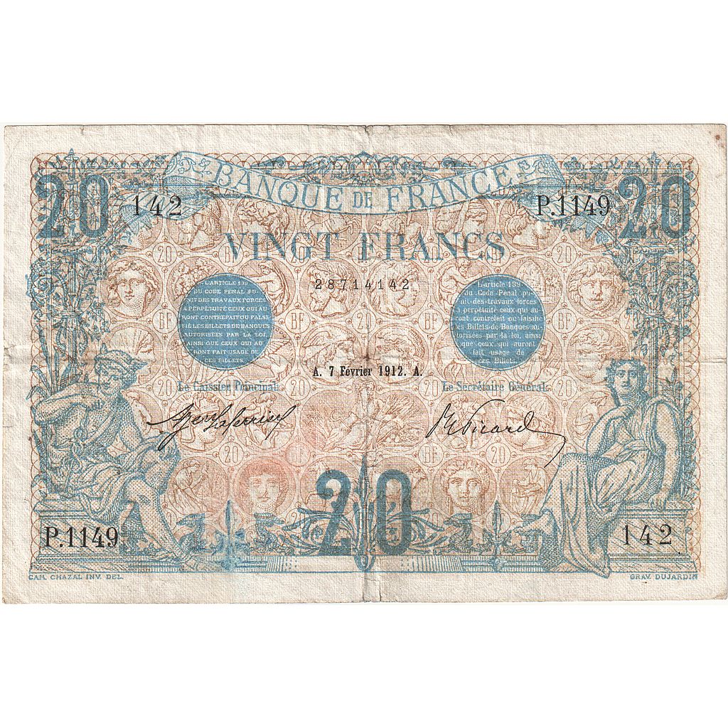 Francia, 20 Francs, Bleu, 1912-02-07, P.1149, MB+
