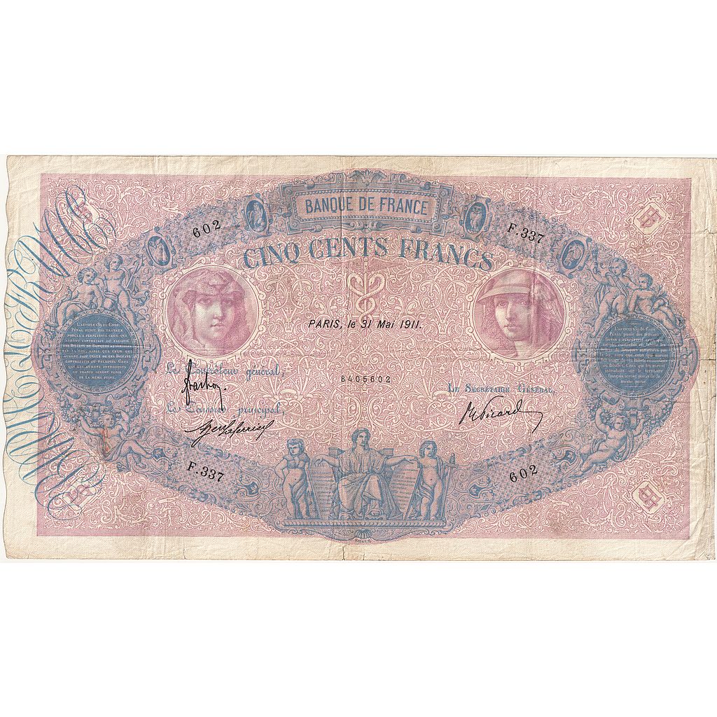Frankreich, 500 Francs, Bleu et Rose, 1911, F.337, S+, Fayette:30.19, KM:66g