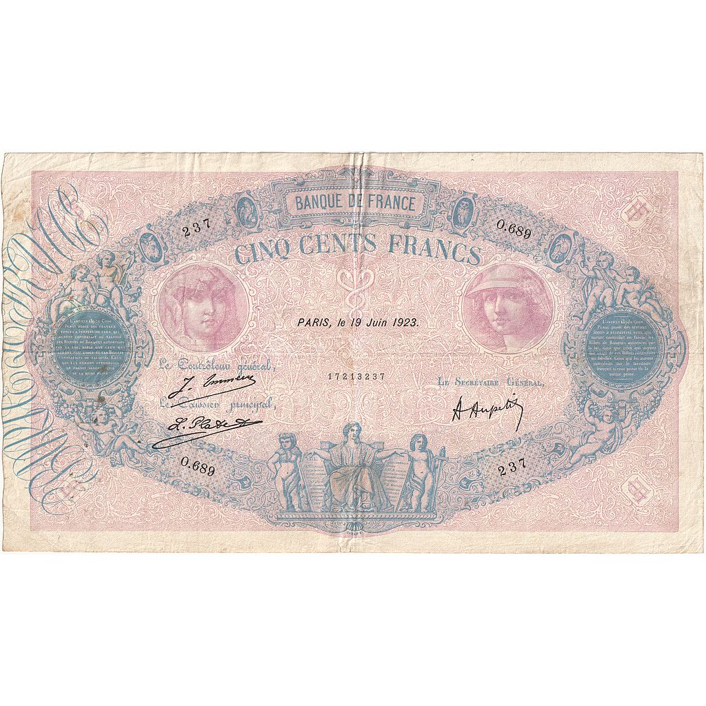 Francia, 500 Francs, Bleu et Rose, 1923, O.689, BC+, Fayette:30.27, KM:66j