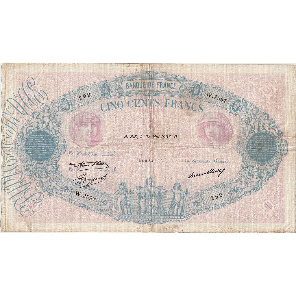 Francia, 500 Francs, Bleu et Rose, 1937, W.2597, BC, Fayette:30.38, KM:66m