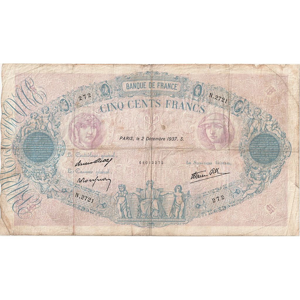 França, 500 Francs, Bleu et Rose, 1937, N.2721, VG(8-10), Fayette:31.4, KM:88b