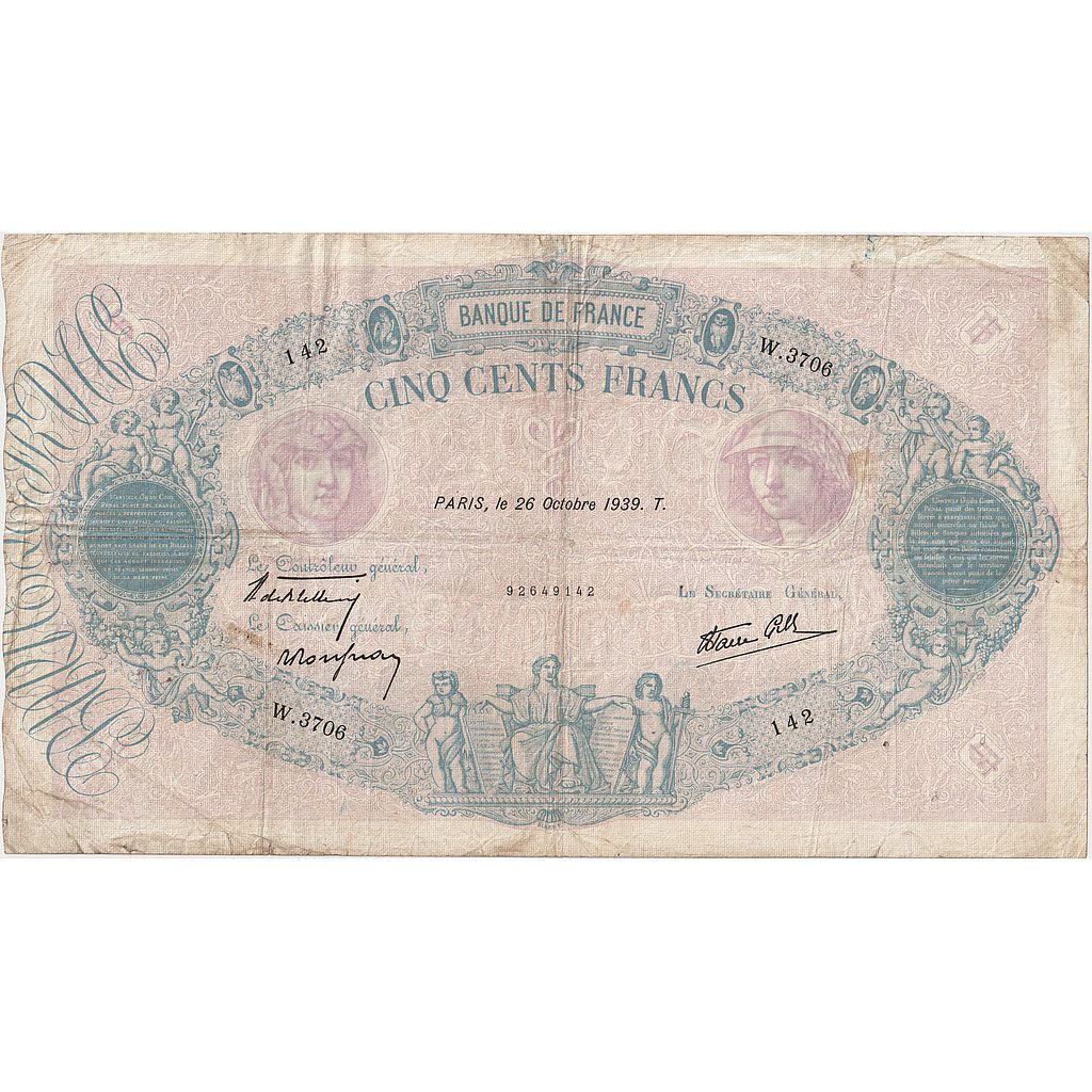 Frankreich, 500 Francs, Bleu et Rose, 1939, W.3706, S+, Fayette:31.45, KM:88c