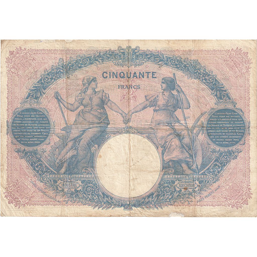 France, 50 Francs, Bleu et Rose, 1913, R.4590, VF(30-35), Fayette:14.26, KM:64e