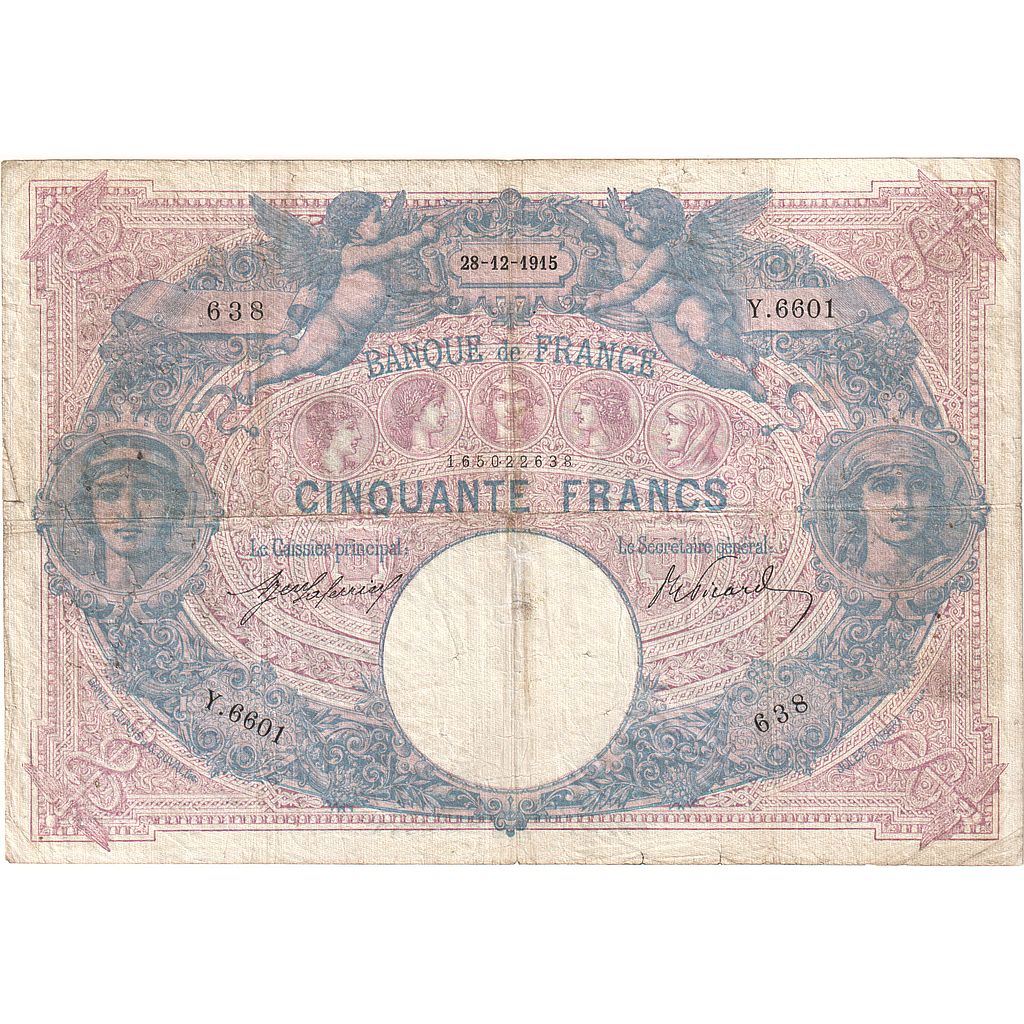 France, 50 Francs, Bleu et Rose, 1915, Y.6601, VF(20-25), Fayette:14.28, KM:64e