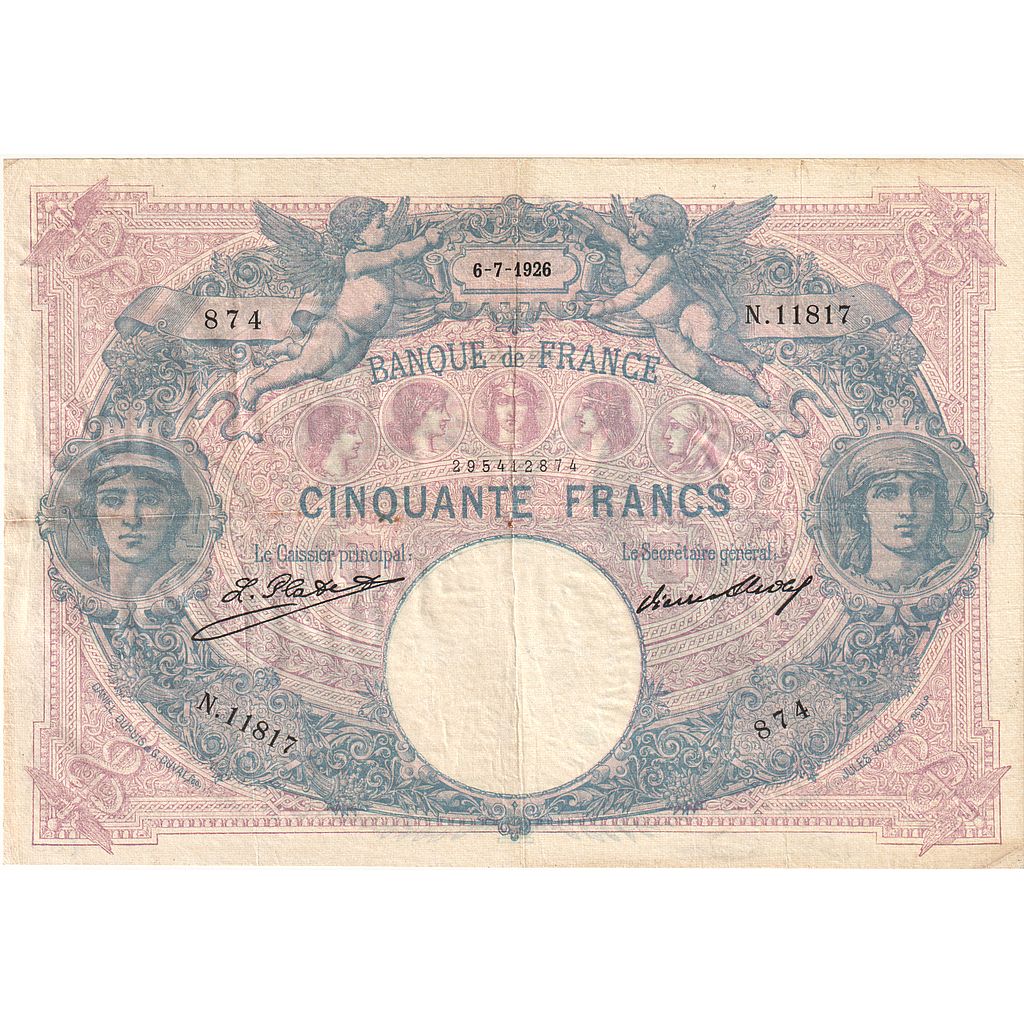 France, 50 Francs, Bleu et Rose, 1926, N.11817, AU(50-53), Fayette:14.39, KM:64h