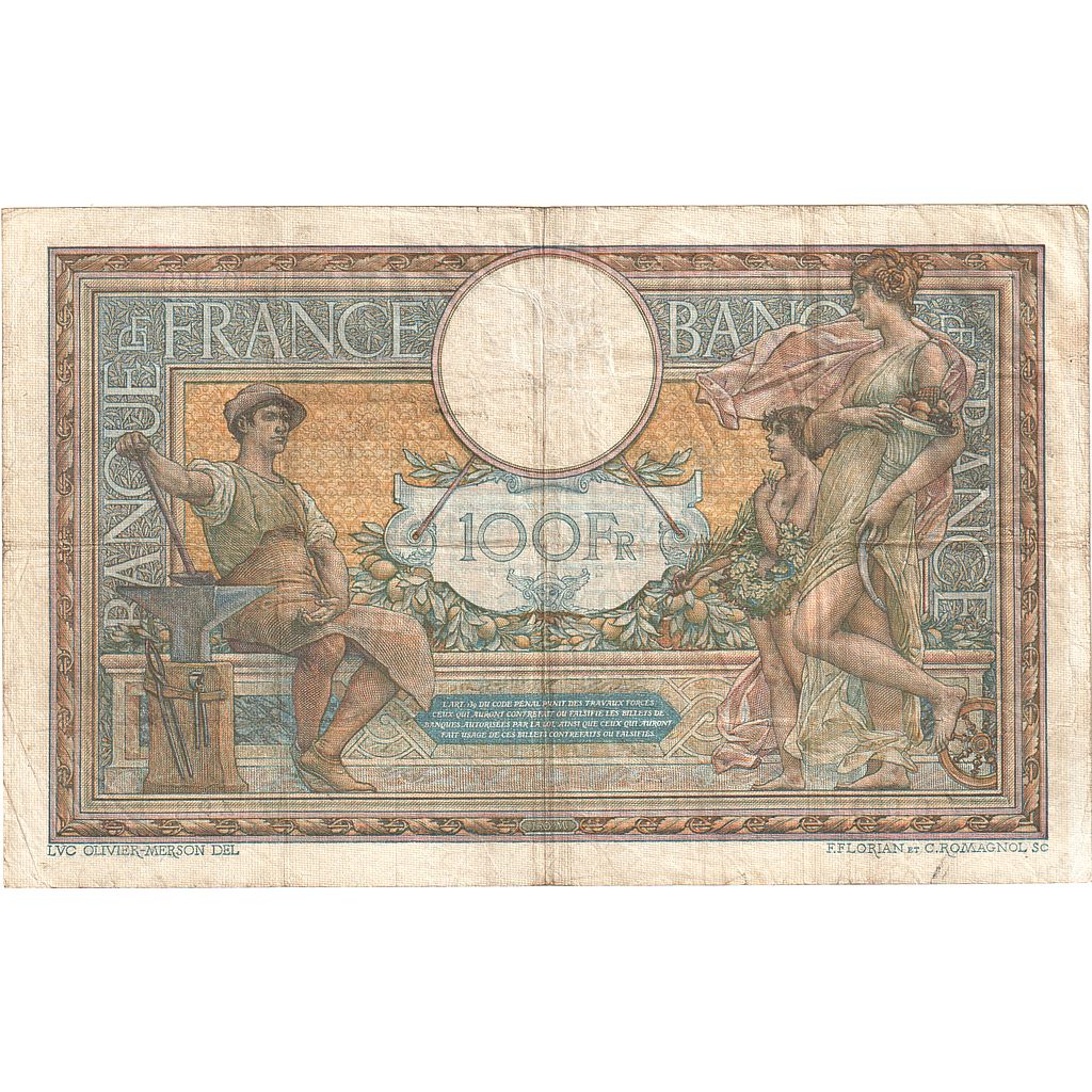 France, 100 Francs, Luc Olivier Merson, 1909, O.929, VF(30-35), Fayette:23.01