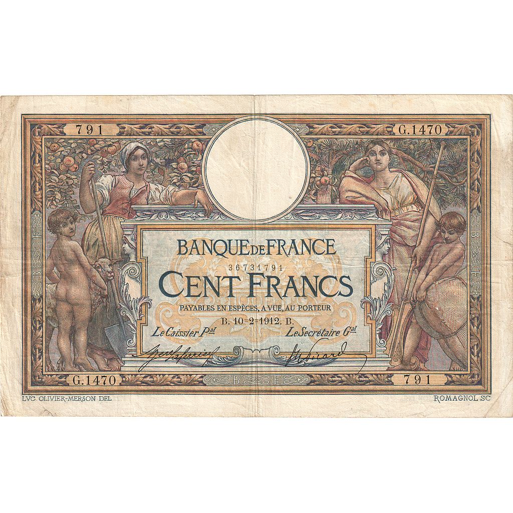 França, 100 Francs, Luc Olivier Merson, 1912, G.1470, EF(40-45), Fayette:23.4