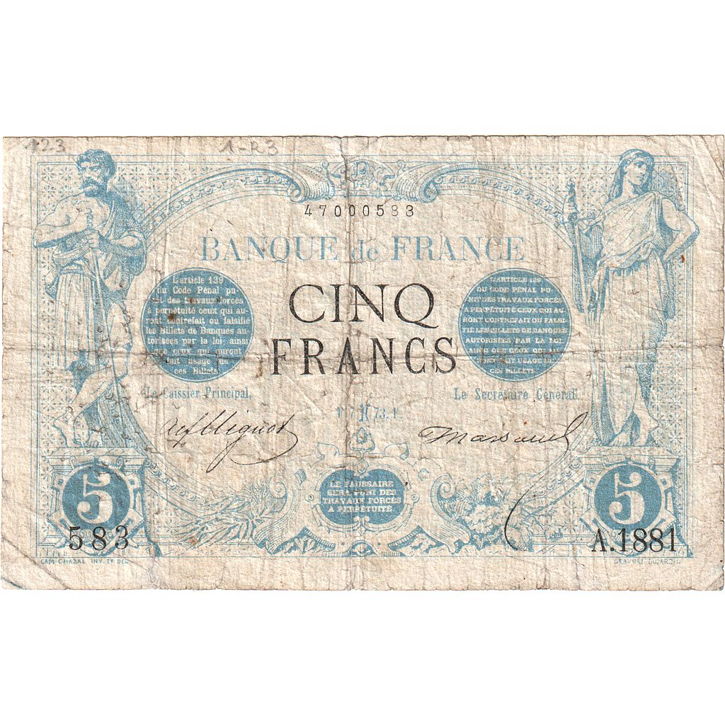 Frankrijk, 5 Francs, Noir, 1873, A.1881, B, Fayette:1.15, KM:60