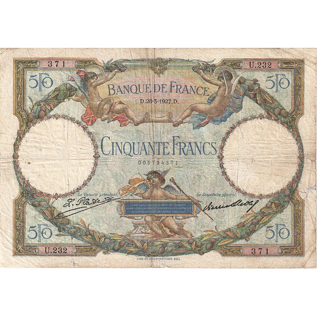 France, 50 Francs, Luc Olivier Merson, 1927, U.232, TB, Fayette:15.01, KM:77a