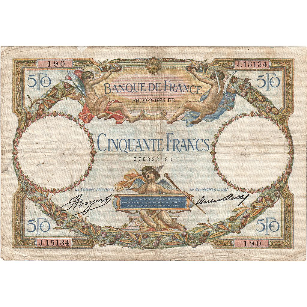 France, 50 Francs, Luc Olivier Merson, 1934, J.15134, VF(20-25), Fayette:16.5