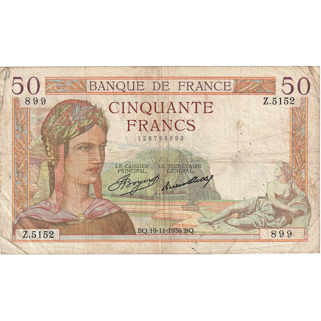 Francia, 50 Francs, Cérès, 1936, Z.5152, MB, Fayette:17.31, KM:81
