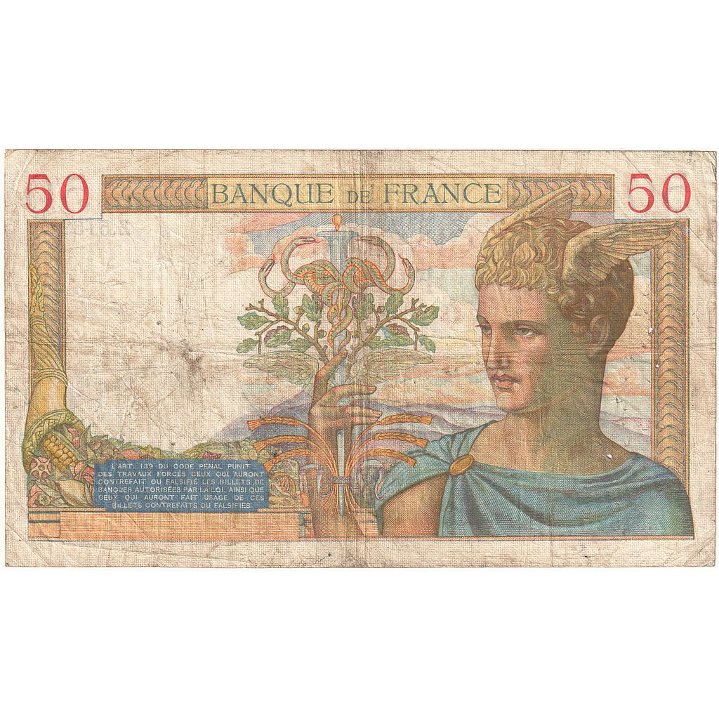 Francia, 50 Francs, Cérès, 1936, Z.5152, MB, Fayette:17.31, KM:81